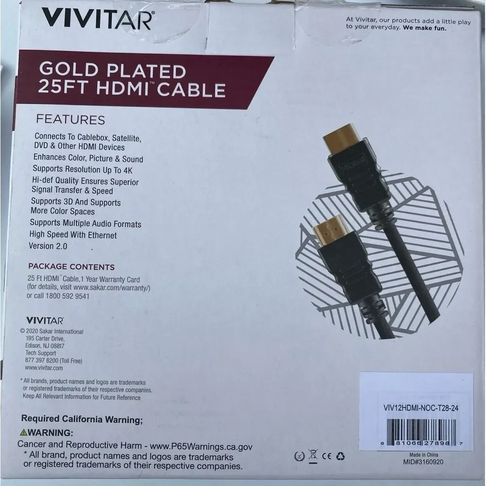 Vivitar 25ft Connect it Gold plated‎ HDMI CABLE